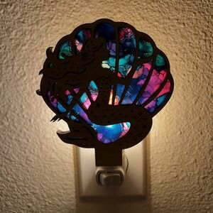Wood Mermaid Shell Night Light Plug In Colorful Mermaid Tail Ocean Decor